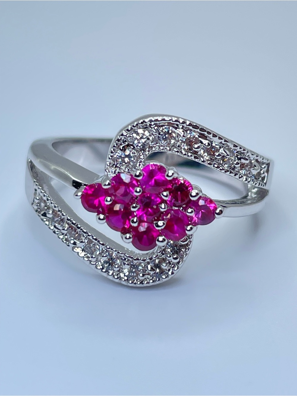 Swarovski Ruby Pink Diamond White Crystal Elements Ring CZ Halo Silver Sz 7